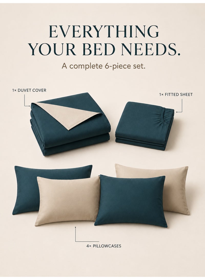 Good Sleep King Size Duvet Cover Set | 6 Piece Reversible | 220x240 cm | Deep Teal & Light Beige Dual-Tone | Duvet Cover with Deep-Pocket Fitted Sheet & 4 Pillowcases | Ultra-Soft, Wrinkle-Free | Made in Dubai - Image 3