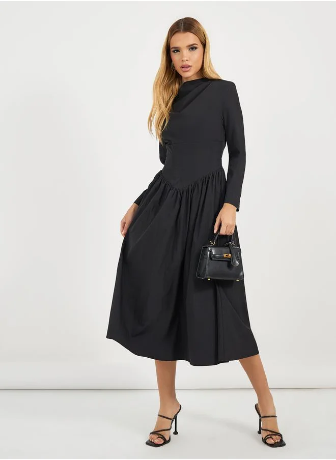 Styli Pleated Drop Waist Detail A-Line Midi Dress