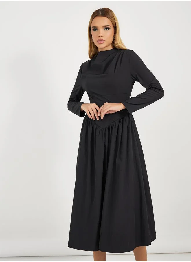 Styli Pleated Drop Waist Detail A-Line Midi Dress