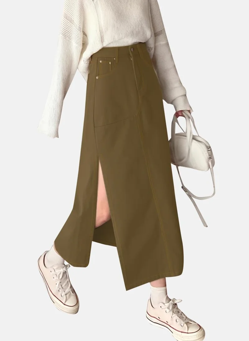 YUNIQEE Brown Solid Denim Midi Skirt