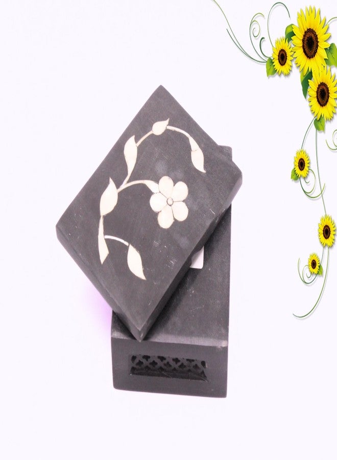 SANDSTERS VR SOURCING Black Marble Rectangular Box with Floral Inlay and Side Jali Work | Handcrafted Marble Jewelry & Storage Box | Decorative Gift Box for Home Decor - Image 4
