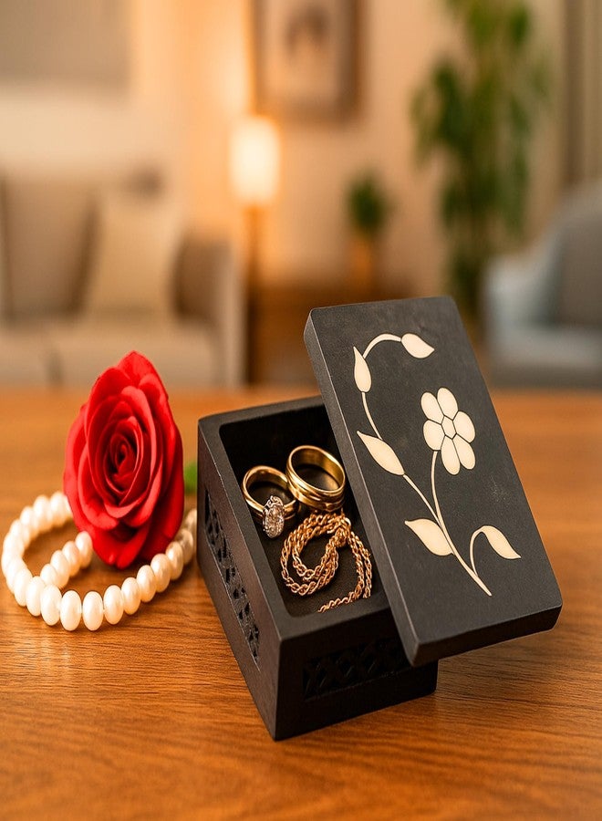 SANDSTERS VR SOURCING Black Marble Rectangular Box with Floral Inlay and Side Jali Work | Handcrafted Marble Jewelry & Storage Box | Decorative Gift Box for Home Decor - Image 1