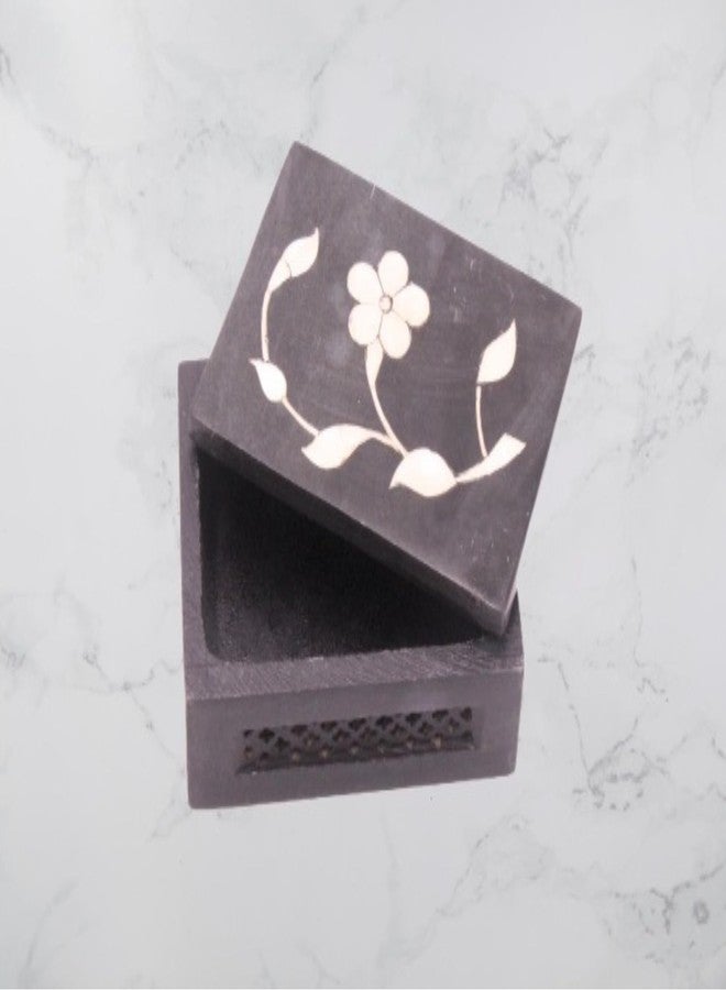 SANDSTERS VR SOURCING Black Marble Rectangular Box with Floral Inlay and Side Jali Work | Handcrafted Marble Jewelry & Storage Box | Decorative Gift Box for Home Decor - Image 2