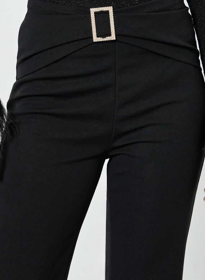 Take Two Black Flare Trousers with Embellished Buckle Detail - Image 3
