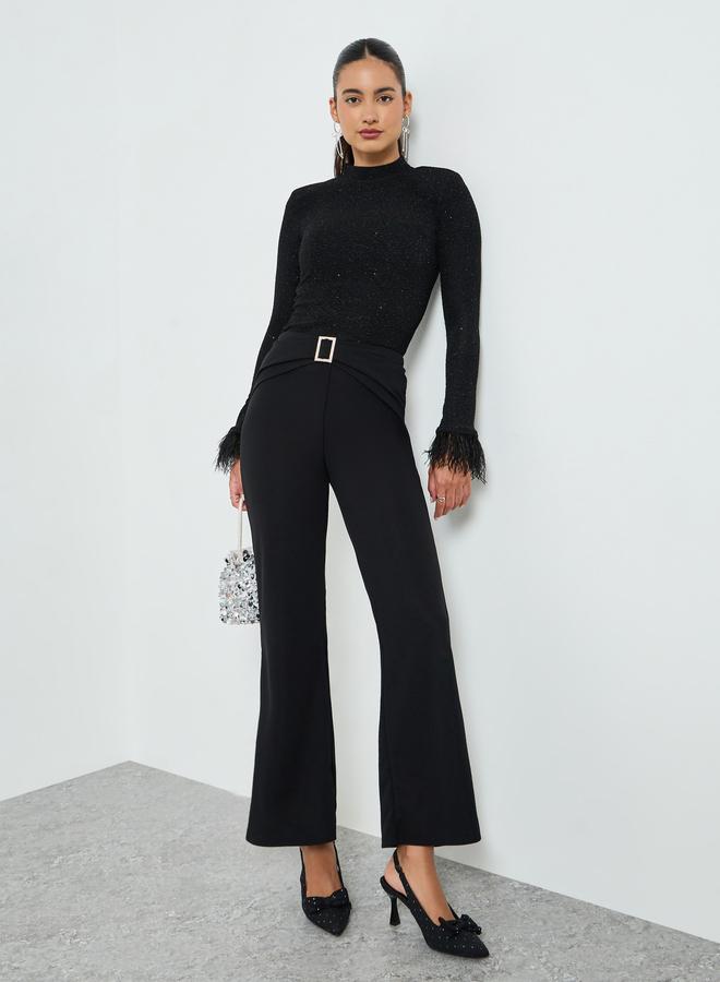 Take Two Black Flare Trousers with Embellished Buckle Detail - Image 1