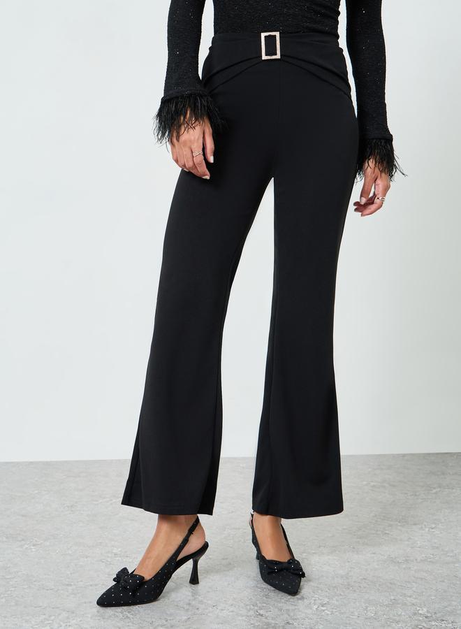 Take Two Black Flare Trousers with Embellished Buckle Detail - Image 2