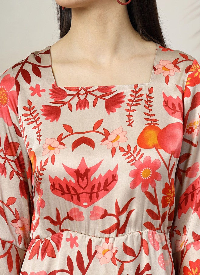 PlusS Floral Print Bell Sleeve Fit & Flare Dress for Women - Image 2