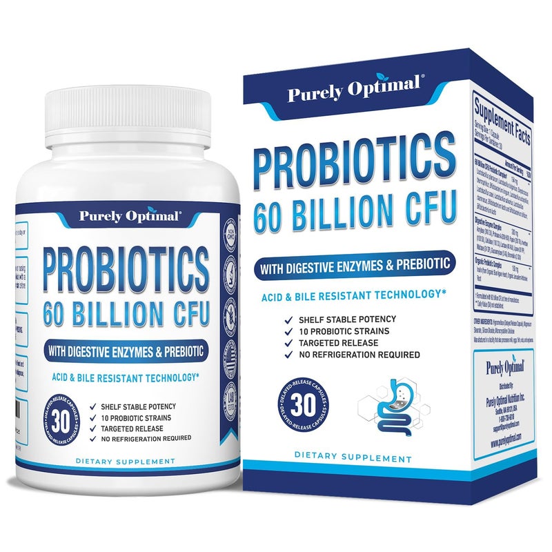 Purely Optimal Premium Probiotics 60 Billion CFU wOrganic Prebiotics Digestive Enzymes