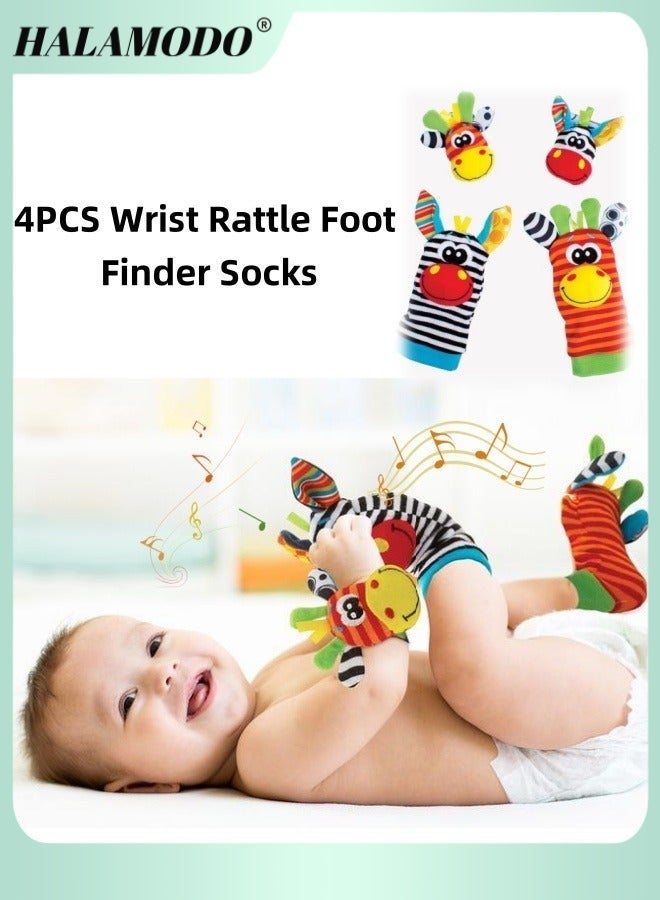 HALAMODO 4PCS Wrist Rattle Foot Finder Socks Set for Baby Arm Hand Bracelet Rattle Feet Leg Ankle Socks Newborn Soft Sensory Toys Baby Socks Newborn Rattles Toys Baby Gifts Aged 0-12 Months Infant  - Image 1