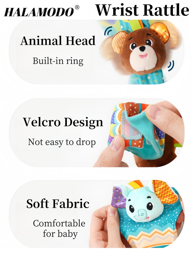 HALAMODO 4PCS Wrist Rattle Foot Finder Socks Set for Baby Arm Hand Bracelet Rattle Feet Leg Ankle Socks Newborn Soft Sensory Toys Baby Socks Newborn Rattles Toys Baby Gifts Aged 0-12 Months Infant  - Image 5