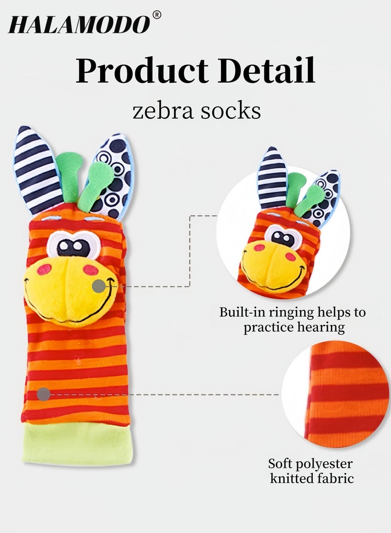HALAMODO 4PCS Wrist Rattle Foot Finder Socks Set for Baby Arm Hand Bracelet Rattle Feet Leg Ankle Socks Newborn Soft Sensory Toys Baby Socks Newborn Rattles Toys Baby Gifts Aged 0-12 Months Infant  - Image 3