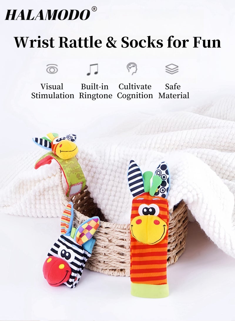 HALAMODO 4PCS Wrist Rattle Foot Finder Socks Set for Baby Arm Hand Bracelet Rattle Feet Leg Ankle Socks Newborn Soft Sensory Toys Baby Socks Newborn Rattles Toys Baby Gifts Aged 0-12 Months Infant  - Image 2