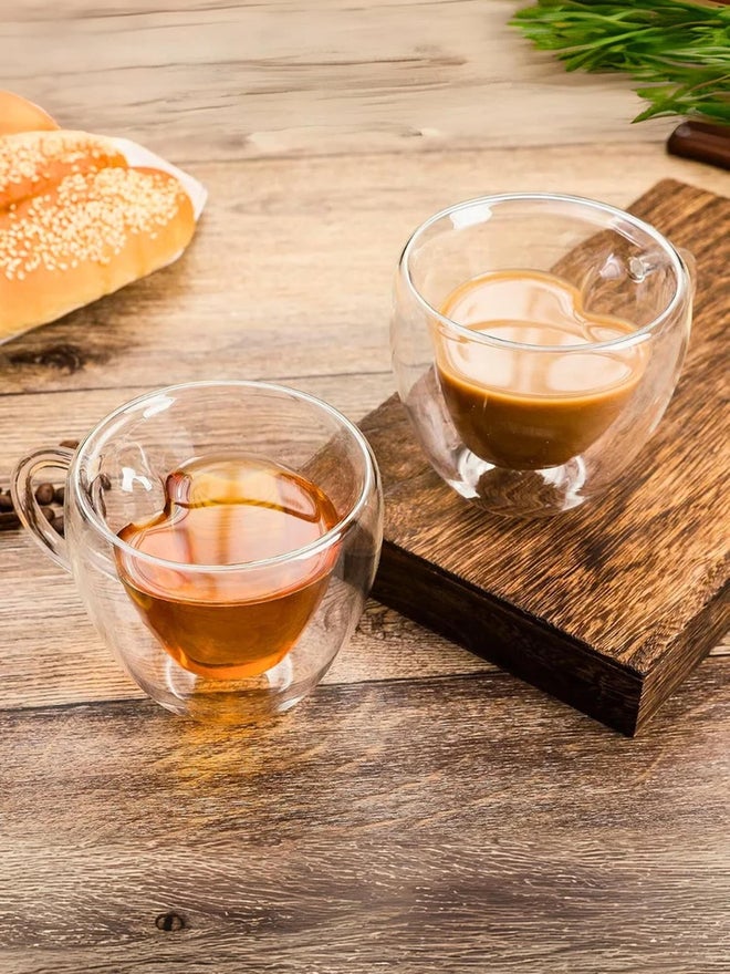 1CHASE Set of 2 - Heart Shaped Double Wall Glass Coffee Mug With Handle, 180ml - Image 3