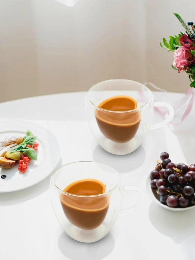 1CHASE Set of 2 - Heart Shaped Double Wall Glass Coffee Mug With Handle, 180ml - Image 2