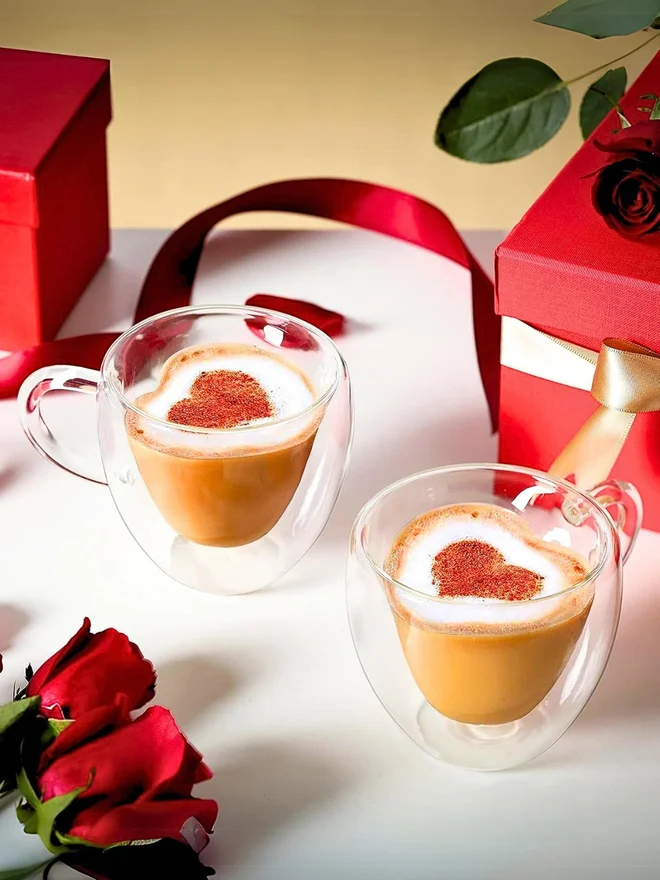 1 تشيس 1CHASE Set of 2 - Heart Shaped Double Wall Glass Coffee Mug With Handle, 180ml