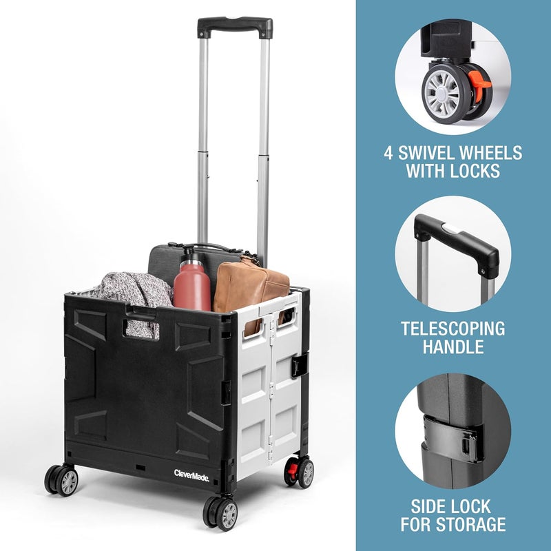 CleverMade Collapsible Wheeled Crate with Lid 4Wheels  Swivel and Glide Rolling Crate with Handle and Double Wheels for Easy Transport and Versatile Use  35L and 75lb Capacity BlackCream - Image 3