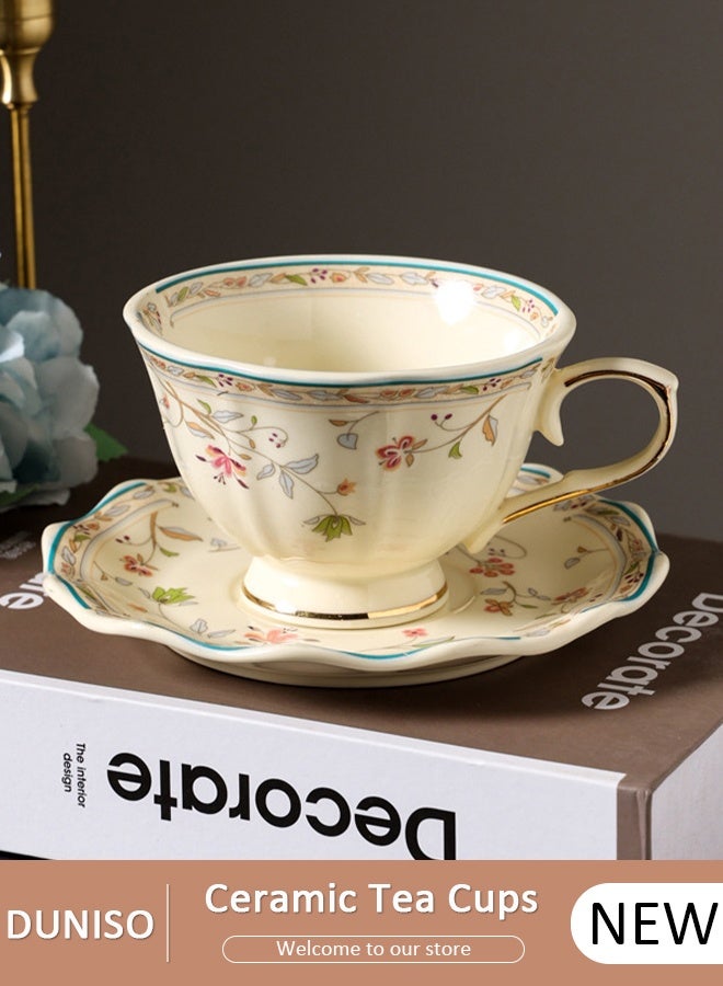 DUNISO Ceramic Tea Cups and Saucers Set, Porcelain Tea Set for Tea Party, Afternoon Tea Cups Saucer for Coffee Drinks and Tea, Kitchen and Living Room Saucers Set,Ceramic Coffee Cup for Office and Home - Image 1