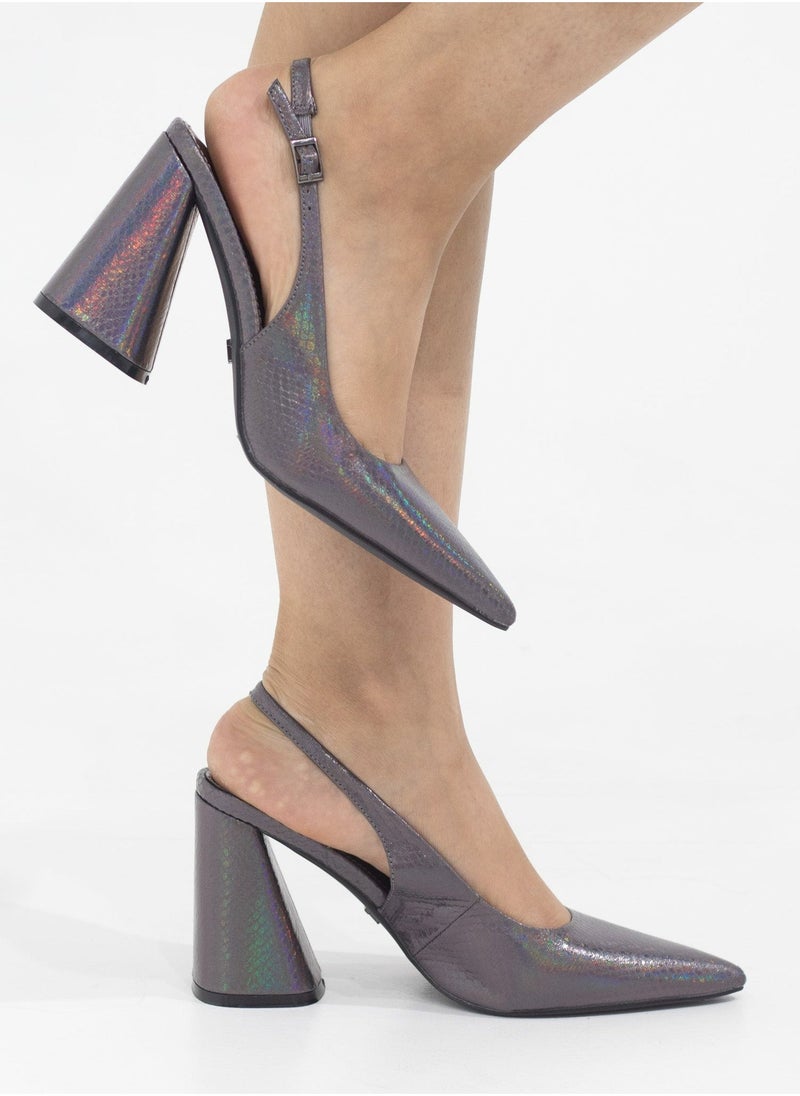 LAMARAPARIS - Prisha pointy sling back on a 9cm block heel pewter - Image 1