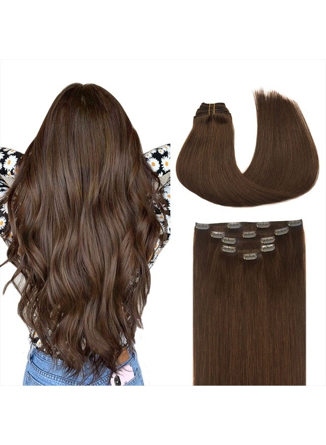 MAXITA Hair Extensions Clip in Human Hair, 14 Inch 75g 5pcs MAXITA Chocolate Brown Clip in Hair Extensions, Real Human Hair Extensions Clip in Straight Natural Hair Extensions - Image 1
