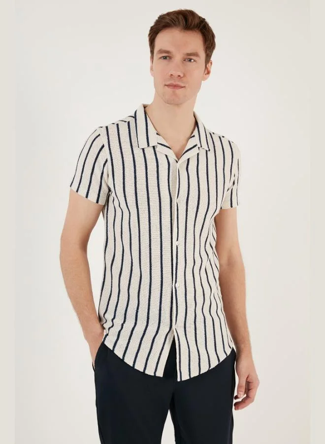 Buratti  Buratti Striped Cotton Blend Short Sleeve Apache Collar Regular Fit Shirt Men's SHIRT CF24S117664 for Men | Best Price UAE