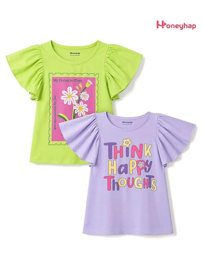 Honeyhap Honeyhap Premium Cotton Knit Floral & Text Printed Tops with Bio Finish (Pack of 2) - Green & Purple
