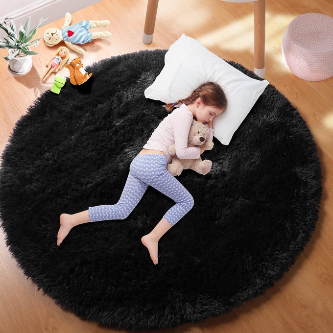 BLACK ROUND RUGS 5FT CIRCLE RUGS FOR KIDS BEDROOM SHAGGY LIVING ROOM RUGS INDOOR TEEPEE FURRY MAT COMFY READING RUG FLUFFY ROUND CARPETS FOR WOMENS GIRLS BOYS ROOM DECOR AESTHETIC