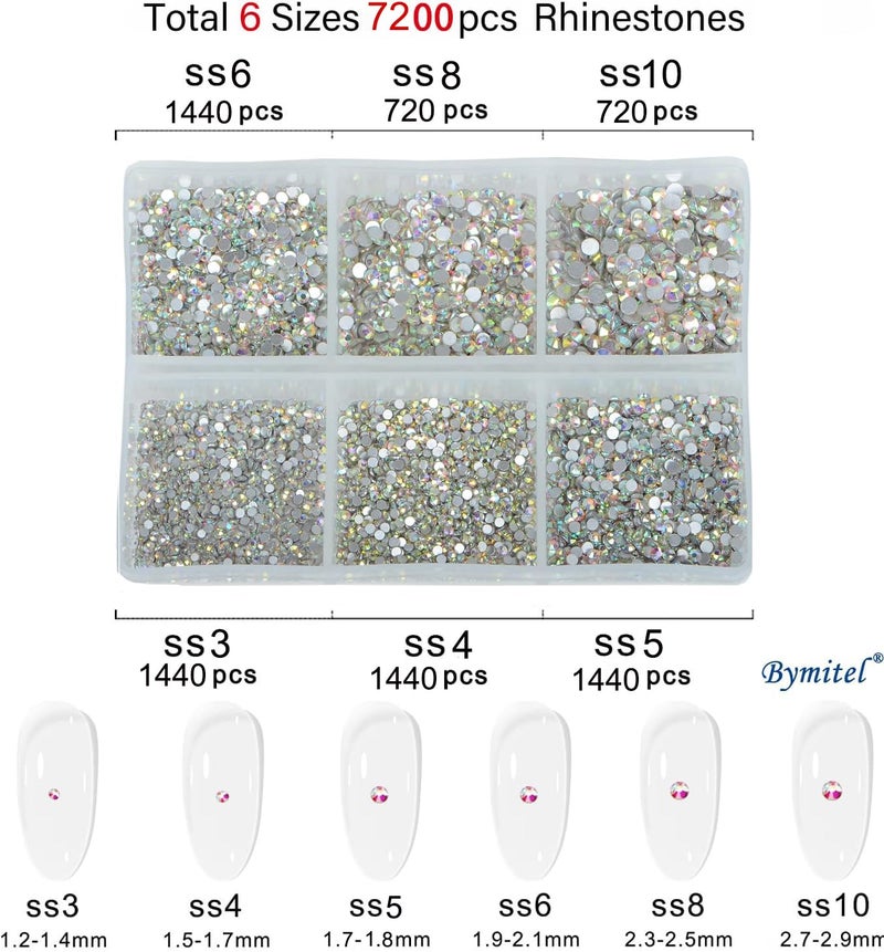 Bymitel 7200 Pieces 6 Mixed Sizes Glue Fix on Glass Rhinestones Round Crystal Gems Flatback for DIY Jewelry Making with one Picking Pen (6-Sizes 7200PCS, Crystal AB) - Image 2