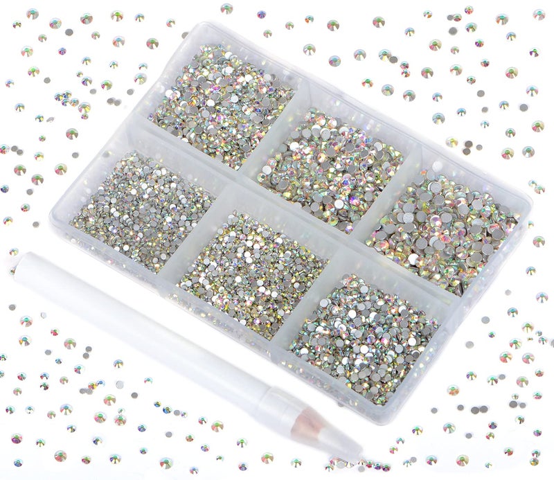 Bymitel 7200 Pieces 6 Mixed Sizes Glue Fix on Glass Rhinestones Round Crystal Gems Flatback for DIY Jewelry Making with one Picking Pen (6-Sizes 7200PCS, Crystal AB) - Image 1
