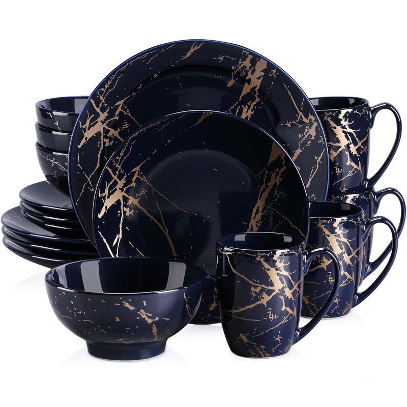 LOVECASA Porcelain Dinnerware Sets for 4 16 PCS Plates and Bowls Set Color Glaze with Gold Plate Dish Set Dinner Sets with Dinner Plates Dessert Plate Bowls and Mugs Dark Blue