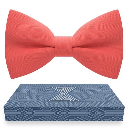 Bow Tie House رباط عنق أحمر للأطفال من قماش الجاباردين، رباطات عنق رسمية مسبقة الربط للأطفال، شكل مشبك توكسيدو، رباطات عنق مصنوعة يدويًا لجميع الأعمار بألوان صلبة (صغير، كورال) - Image 1
