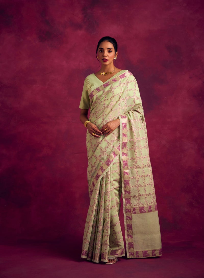 Abhishti Banarasi sakura checks woven zari saree-  Pistachio green  - Image 1