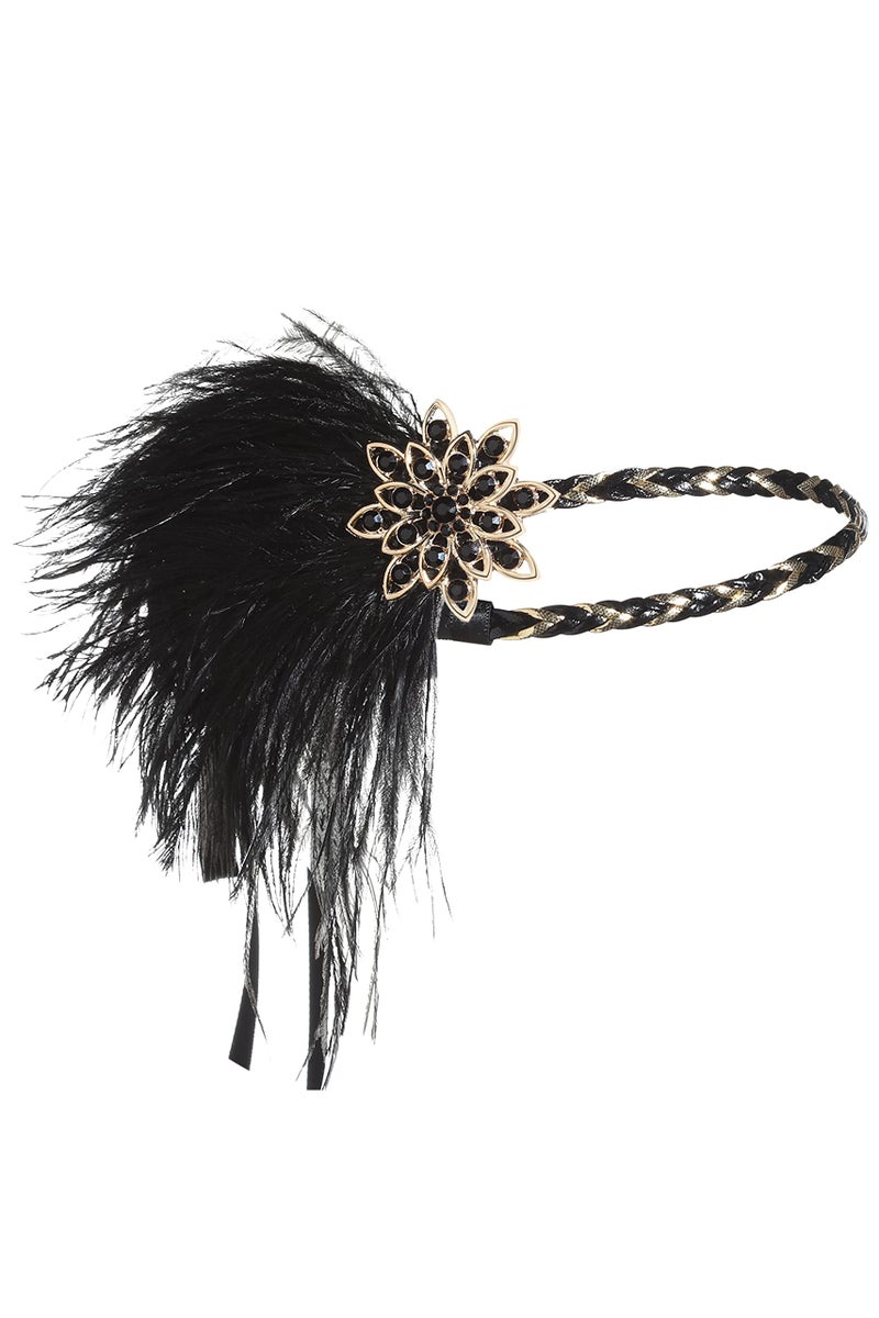 BABEYOND 1920s Flapper Headband Roaring 20s Headpiece Gatsby Ostrich Feather Headpiece with Crystal (Black Gold) - Image 1