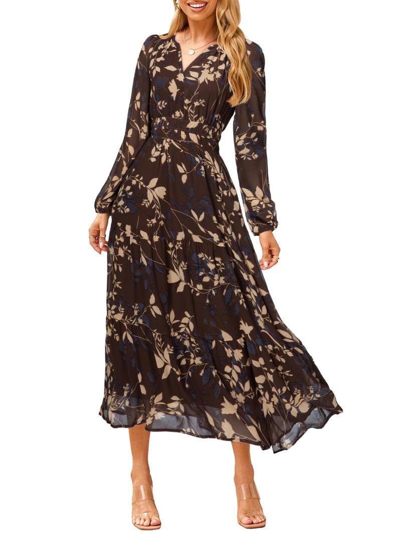 Simplee Women's Floral Boho Long Sleeve Maxi Dress V Neck Empire Waist Swing Flowy Wedding Guest Dress Brown Floral XL - Image 1