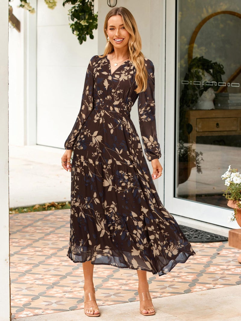 Simplee Women's Floral Boho Long Sleeve Maxi Dress V Neck Empire Waist Swing Flowy Wedding Guest Dress Brown Floral XL - Image 3