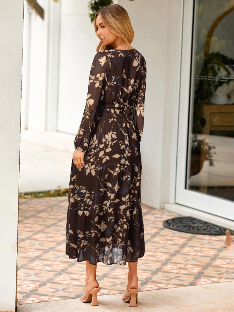 Simplee Women's Floral Boho Long Sleeve Maxi Dress V Neck Empire Waist Swing Flowy Wedding Guest Dress Brown Floral XL - Image 2