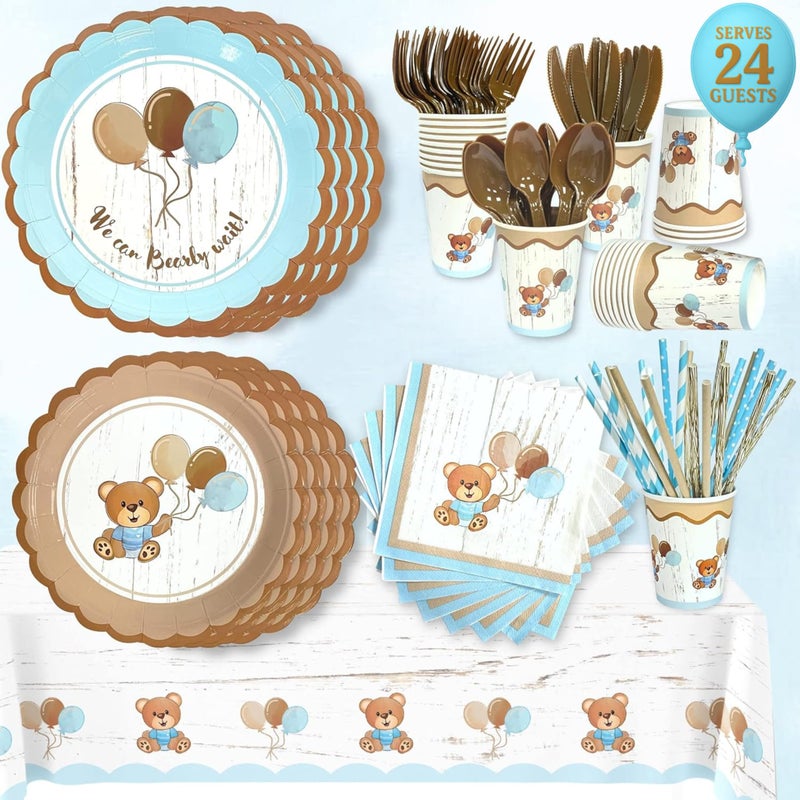 RainMeadow 193 Pc Teddy Bear Baby Shower Decorations Tableware We Can Bearly Wait Teddy Bear Plates Cups Napkins Tablecloth Straws Cutlery Serves 24 - Image 2