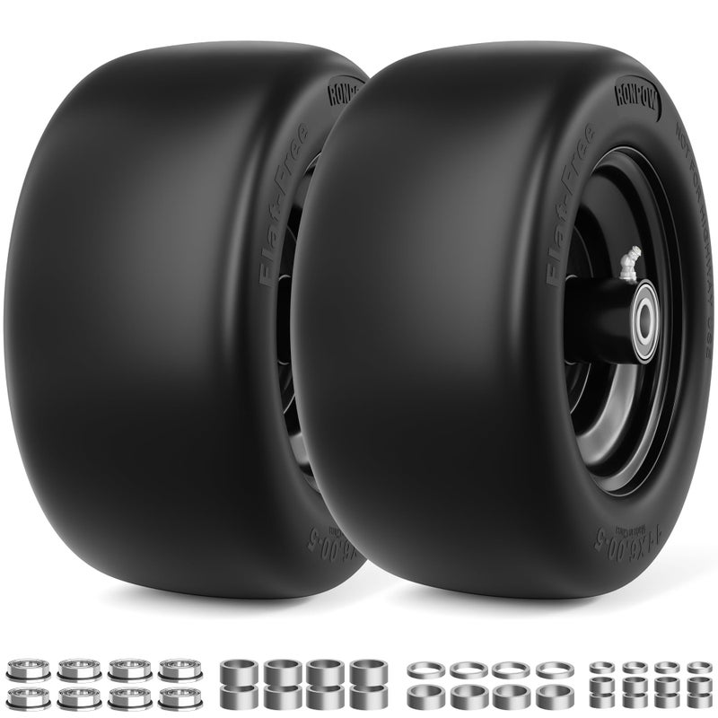 RONPOW 11x6.00-5 Flat Free Lawn Mower Tire and Wheel, 11x6x5 Solid Front Tires for Zero Turn Mower, 400Lbs Load, 3/4", 5/8" and 1/2" Bearings, 5.31"-7.71" Hub for Residential Commercial, 2Pack Black - Image 1