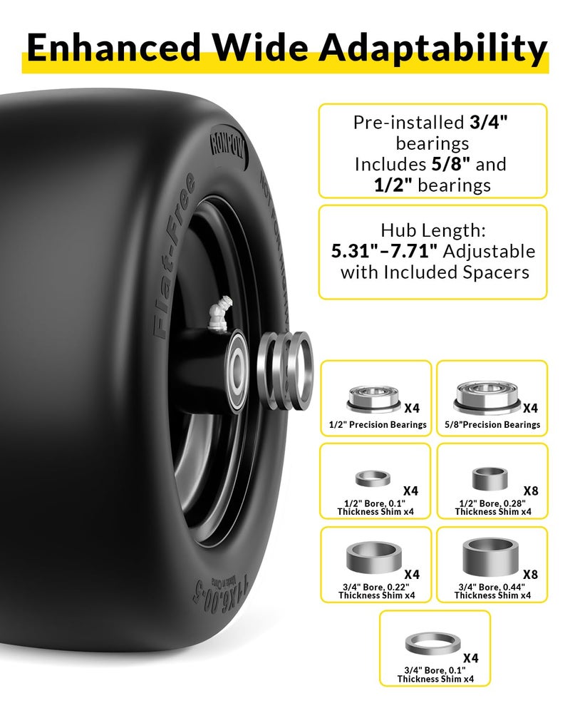 RONPOW 11x6.00-5 Flat Free Lawn Mower Tire and Wheel, 11x6x5 Solid Front Tires for Zero Turn Mower, 400Lbs Load, 3/4", 5/8" and 1/2" Bearings, 5.31"-7.71" Hub for Residential Commercial, 2Pack Black - Image 5