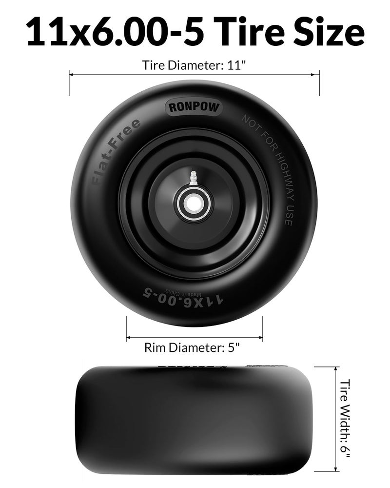 RONPOW 11x6.00-5 Flat Free Lawn Mower Tire and Wheel, 11x6x5 Solid Front Tires for Zero Turn Mower, 400Lbs Load, 3/4", 5/8" and 1/2" Bearings, 5.31"-7.71" Hub for Residential Commercial, 2Pack Black - Image 2