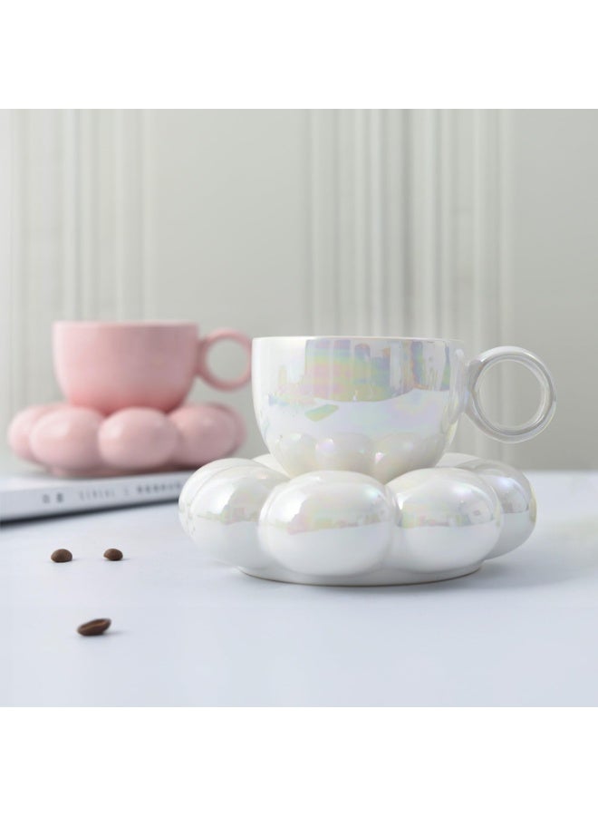 Ceramic Cloud Mug Set, 2 Pcs 7oz Pearl Cups with Saucers & Spoons for Office Home Coffee Tea Latte Milk, Women & Girlfriends Birthday (Pearl White,Pink) - Image 1