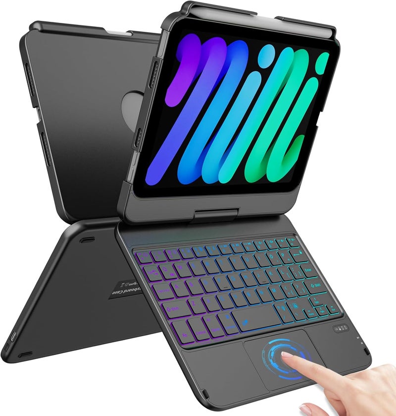 FUWANG Keyboard Case for iPad mini 7 A17 Pro (2024) & iPad mini 6th Generation (2021) 8.3-inch, 360° Swivel, Multi-Touch Trackpad, 7-Color Backlit, Keyboard Cover with Pencil Holder, Black - Image 1