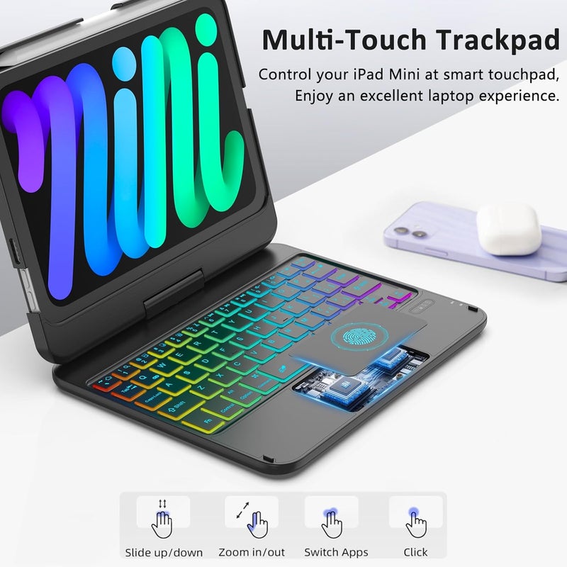 FUWANG Keyboard Case for iPad mini 7 A17 Pro (2024) & iPad mini 6th Generation (2021) 8.3-inch, 360° Swivel, Multi-Touch Trackpad, 7-Color Backlit, Keyboard Cover with Pencil Holder, Black - Image 3