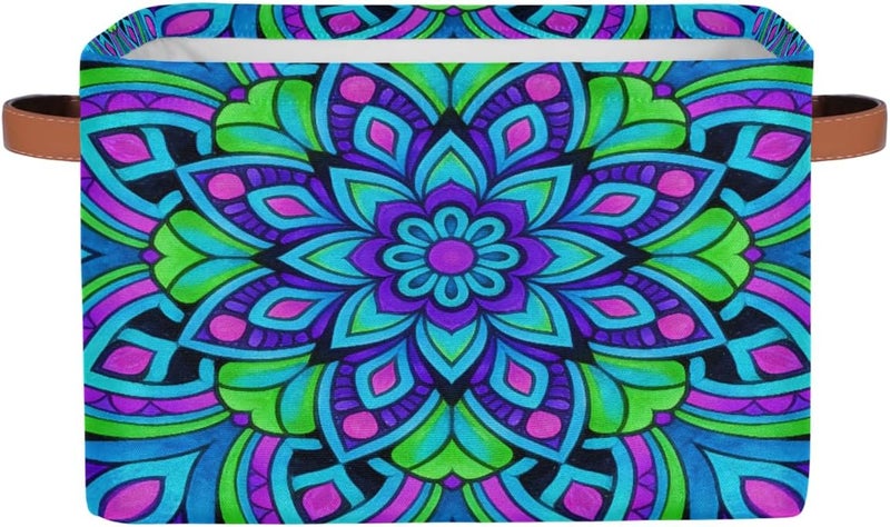 Vibrant Mandala Art Large Foldable Storage Basket 15" x 11" x 9.5", Sturdy Canvas Organizer Storage Bins for Shelves, Closet, Toys, Nursery, Office & Living Room with Reinforced Handles - Image 1