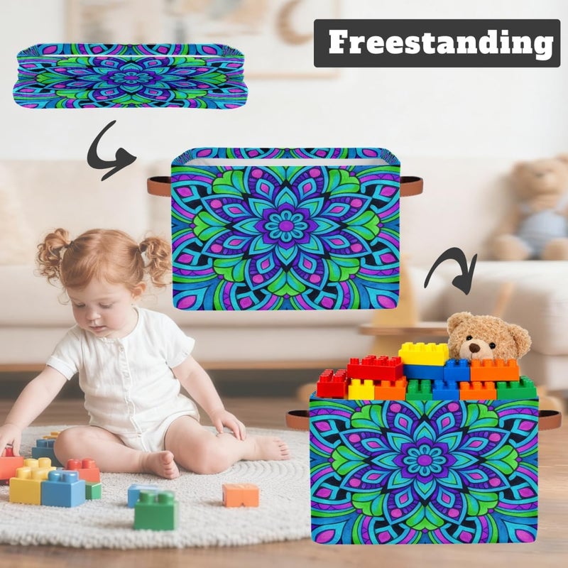 Vibrant Mandala Art Large Foldable Storage Basket 15" x 11" x 9.5", Sturdy Canvas Organizer Storage Bins for Shelves, Closet, Toys, Nursery, Office & Living Room with Reinforced Handles - Image 3