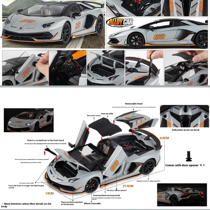 VARIYA ENTERPRISE® 1/24 Big Lamborghini Avantadoor SVJ63 Toy Car Metal Pull Back Diecast Car with Openable Door and Sound Light, Gifts Toys for Kids【 Colors As Per Stock 】 - Image 4