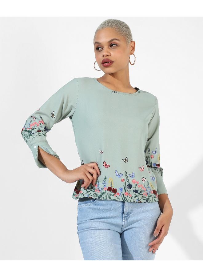 Campus Sutra Women's Sage Green Printed Regular Fit Top - Image 1