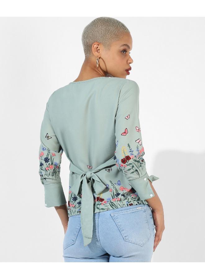 Campus Sutra Women's Sage Green Printed Regular Fit Top - Image 2