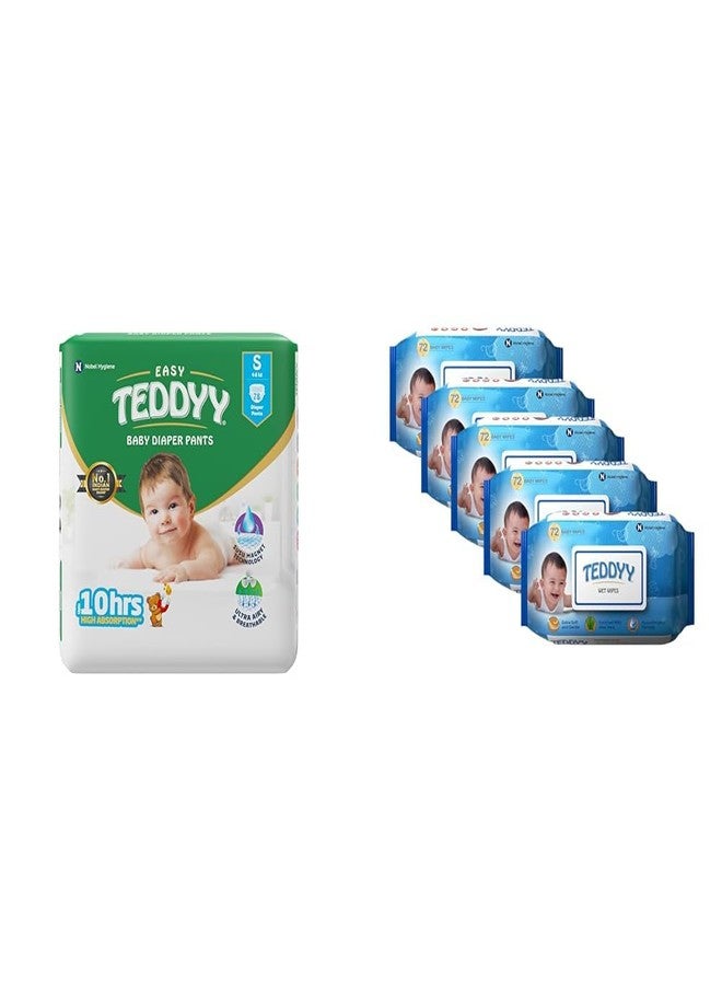 TEDDYY Baby Easy Pant Diapers Small 78 Count Pack of 1 & Baby Wet Wipes With Lid 72s Pack of 5 - Image 1
