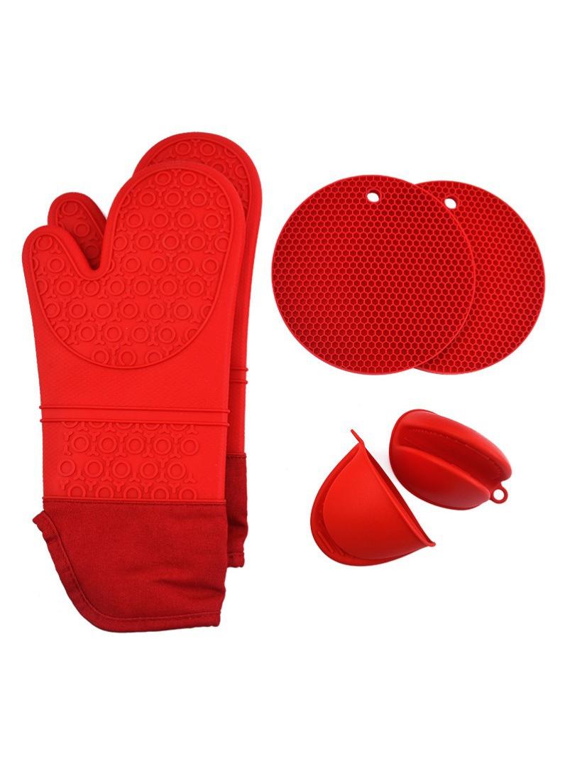 Silicone Oven Mitts and Pot Holders Set, Heat Resistant Mittens with Mini Gloves Hot Pads, for Kitchen Baking Cooking, Quilted Liner, Black,Pack of 6  - Image 1