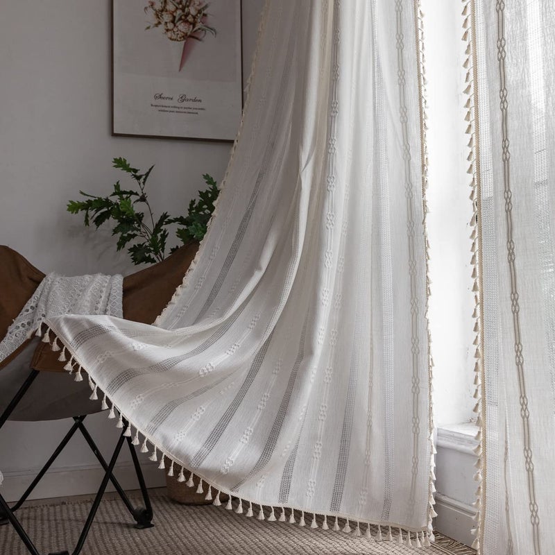 BCLBUSTE Boho Curtains Embroidery Linen Curtains 108 Inches Long 2 Pannels for Bedroom Off White Country Farmhouse Curtains Light Filtering Curtains for Living Room Rod Pocket Drapes(52" W x 108" L,White) - Image 1